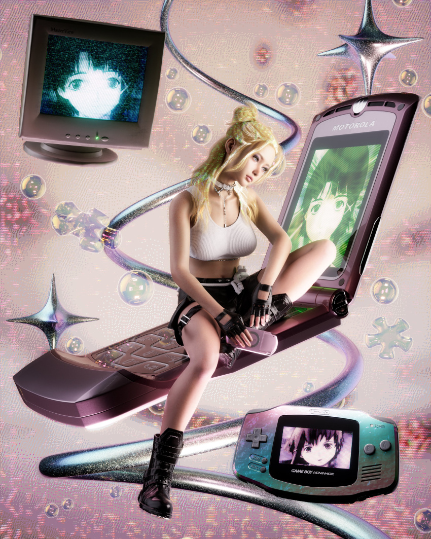 3d absurdres black_footwear black_shorts blonde_hair blue_eyes boots breasts cellphone collar cropped_shirt female flip_phone frown game_boy_advance hair_behind_ear hair_bun handheld_game_console head_tilt highres iwakura_lain medium_breasts monitor motorola_solutions original phone pink_lips shirt short_shorts shorts single_hair_bun sitting solo white_collar white_shirt y2k_fashion zeta_designs