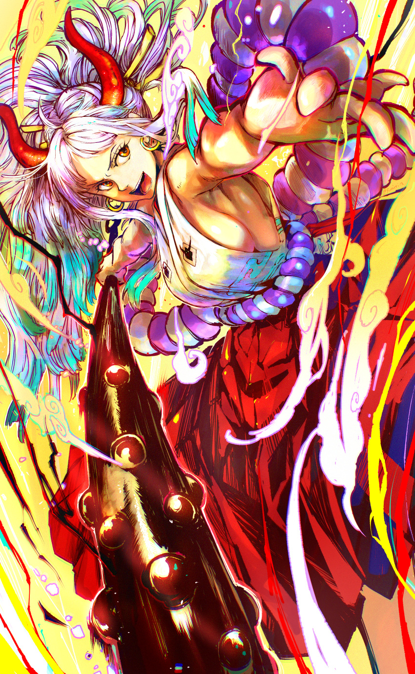 absurdres blue_hair breasts club_(weapon) earrings female green_hair hair_ornament hair_stick hakama hakama_pants highres hoop_earrings horns illustica_phantom japanese_clothes jewelry kimono large_breasts long_hair multicolored_hair one_piece open_mouth orange_eyes outstretched_arm pants red_hakama red_horns rope sideboob sleeveless sleeveless_kimono solo spiked_club weapon white_hair yamato_(one_piece)