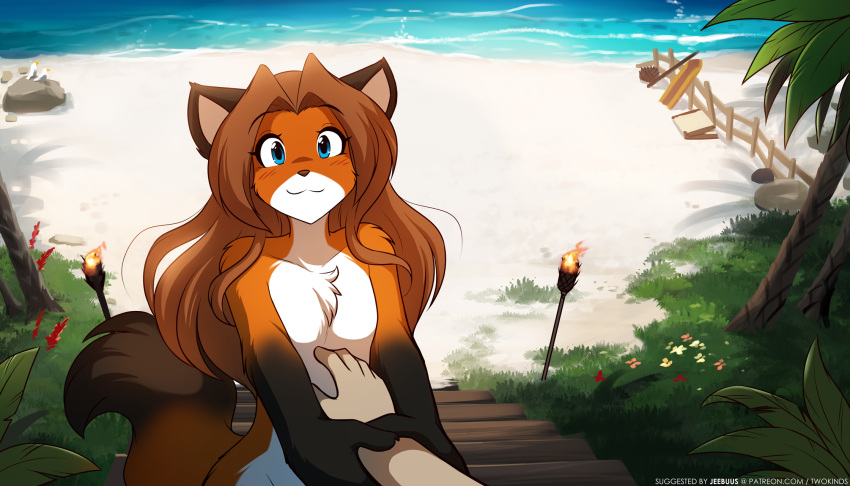 1boy :3 animal_ears beach blue_eyes commentary english_commentary female fence flat_chest fox_ears fox_girl fox_tail furry furry_female furry_male furry_with_furry grabbing_another's_arm highres keith_keiser laura_(twokinds) long_hair looking_at_viewer nude ocean official_art orange_hair out_of_frame outdoors palm_tree petite sand smile solo_focus straight tail tom_fischbach torch tree twokinds water watermark