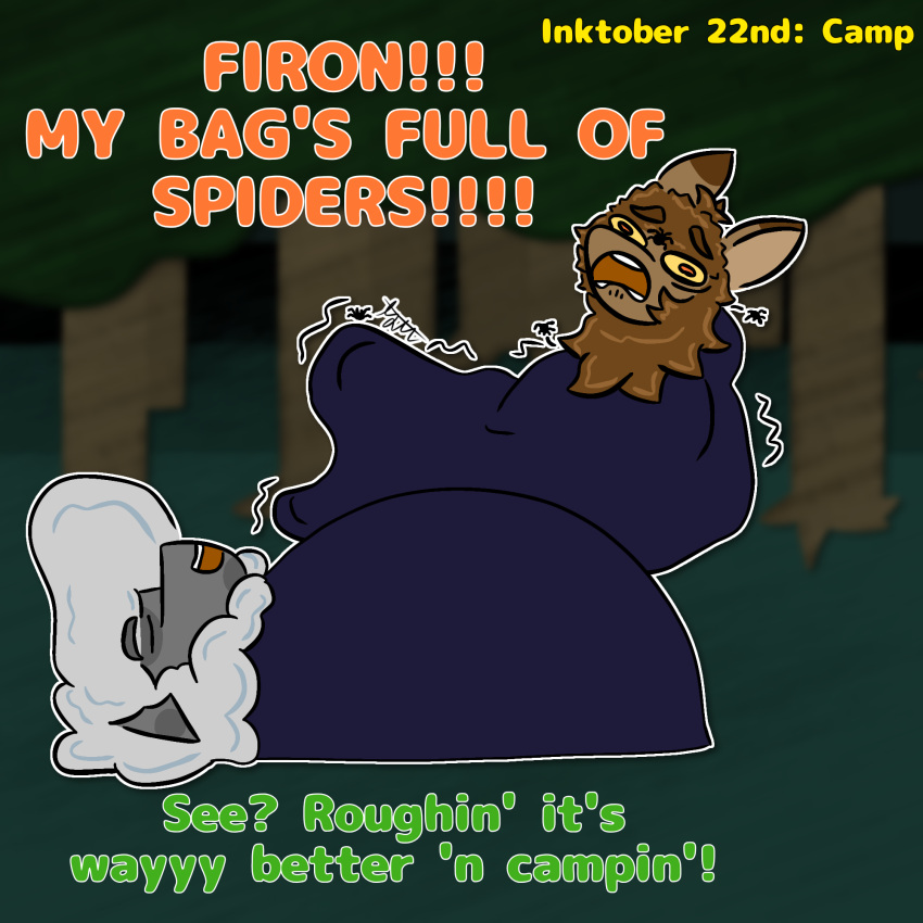 1:1 anthro arachnid arthropod camping dialogue duo english_text female firon_(nopov) forest hi_res inktober inktober_2024 male male/female mammal night plant raila_(nopov) relaxing relyt2442 screaming simple_background sleeping_bag spider text the_nature_of_predators toony tree venlil_(the_nature_of_predators)