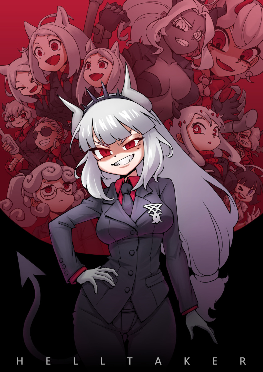 >_< 6+girls :d :s ;d absurdres ahoge animal_ears archangel_(helltaker) arm_at_side azazel_(helltaker) black_gloves black_hairband black_jacket black_necktie black_pants black_sleeves black_tail blunt_bangs bottle bow breasts business_suit cerberus_(helltaker) chinese_commentary cigarette claws clenched_teeth closed_eyes closed_mouth collarbone collared_shirt contrapposto copyright_name cowboy_shot curly_hair curtained_hair dark-skinned_female dark_skin demon_girl demon_horns demon_tail dot_nose double-parted_bangs expressionless fangs fingerless_gloves forehead glasses gloves gooster hairband halo hand_on_own_hip heart heart-shaped_pupils helltaker highres holding holding_bottle horns jacket judgement_(helltaker) justice_(helltaker) long_hair long_sleeves looking_at_viewer looking_to_the_side low-tied_long_hair lucifer_(helltaker) malina_(helltaker) medium_breasts medium_hair modeus_(helltaker) mole mole_under_eye multiple_girls necktie oerba_yun_fang one_eye_closed open_clothes open_jacket open_mouth pandemonica_(helltaker) pants red_bow red_eyes red_shirt red_sweater shadow shirt sidelocks skin_fang smile smoke smoking spikes suit sweater symbol-shaped_pupils tail teeth thick_eyebrows thigh_gap thighs thumbs_up tonfa two-tone_background upper_teeth_only v-shaped_eyebrows weapon white_eyes white_gloves white_hair white_halo