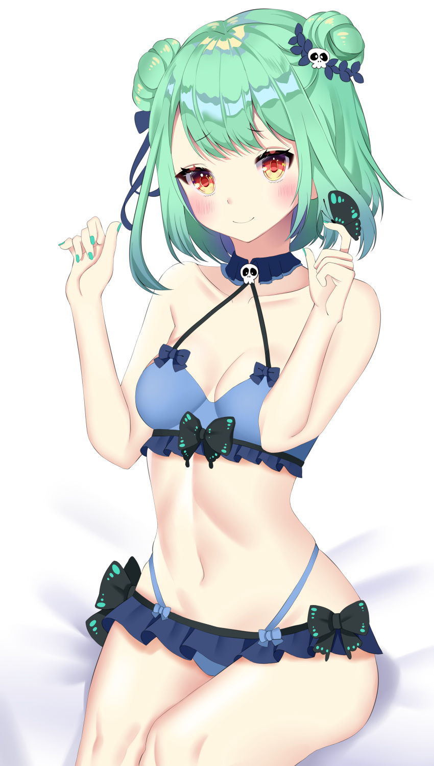 absurdres ass bad_id bad_pixiv_id bare_shoulders bikini blush bow bow_bikini breasts bug butterfly collar detached_collar double_bun female frilled_bikini frilled_collar frilled_skirt frills green_hair green_nails groin hair_between_eyes hair_bun hair_ornament hands_up highres hololive medium_hair multicolored_eyes multicolored_hair navel orange_eyes red_eyes ribbon simple_background sitting skirt skull_hair_ornament small_breasts smile solo streaked_hair suisen_(suisenhwa) swimsuit uruha_rushia virtual_youtuber white_background yellow_eyes