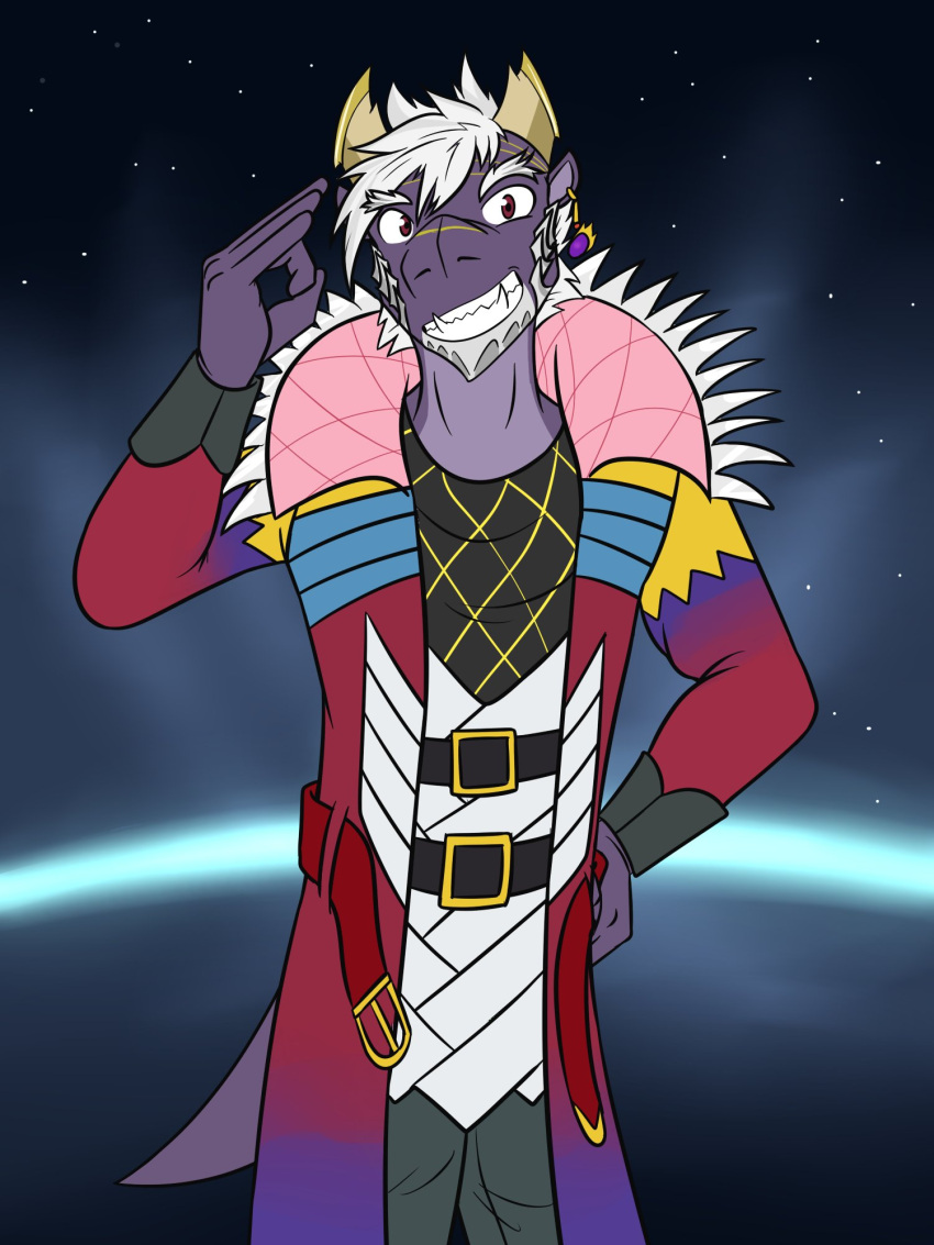 3:4 anthro clothed clothing cosmic_background dragon fully_clothed fuze gesture grin hi_res male mythological_creature mythological_scalie mythology salute scalie shou_ronpo smile solo space space_background tail uchu_sentai_kyuranger