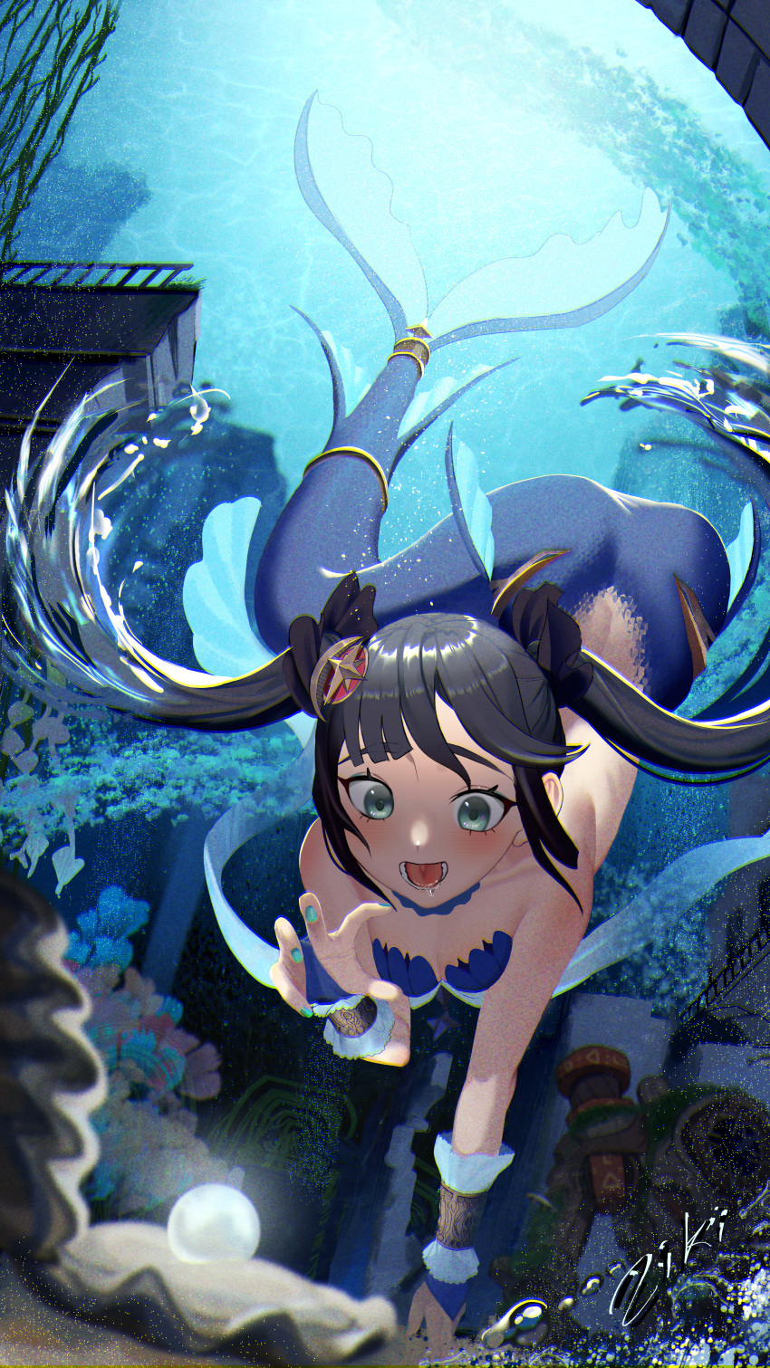 absurdres air_bubble black_hair black_ribbon blue_nails blush breasts bubble chromatic_aberration commentary_request crescent crescent_hair_ornament female full_body gem genshin_impact green_eyes hair_ornament hair_ribbon highres jiki_(gkdlfnzo1245) korean_commentary long_hair medium_breasts mermaid mona_(genshin_impact) monster_girl nail_polish open_mouth oyster pearl_(gemstone) ribbon ruin_guard_(genshin_impact) saliva signature solo star_(symbol) star_hair_ornament twintails underwater