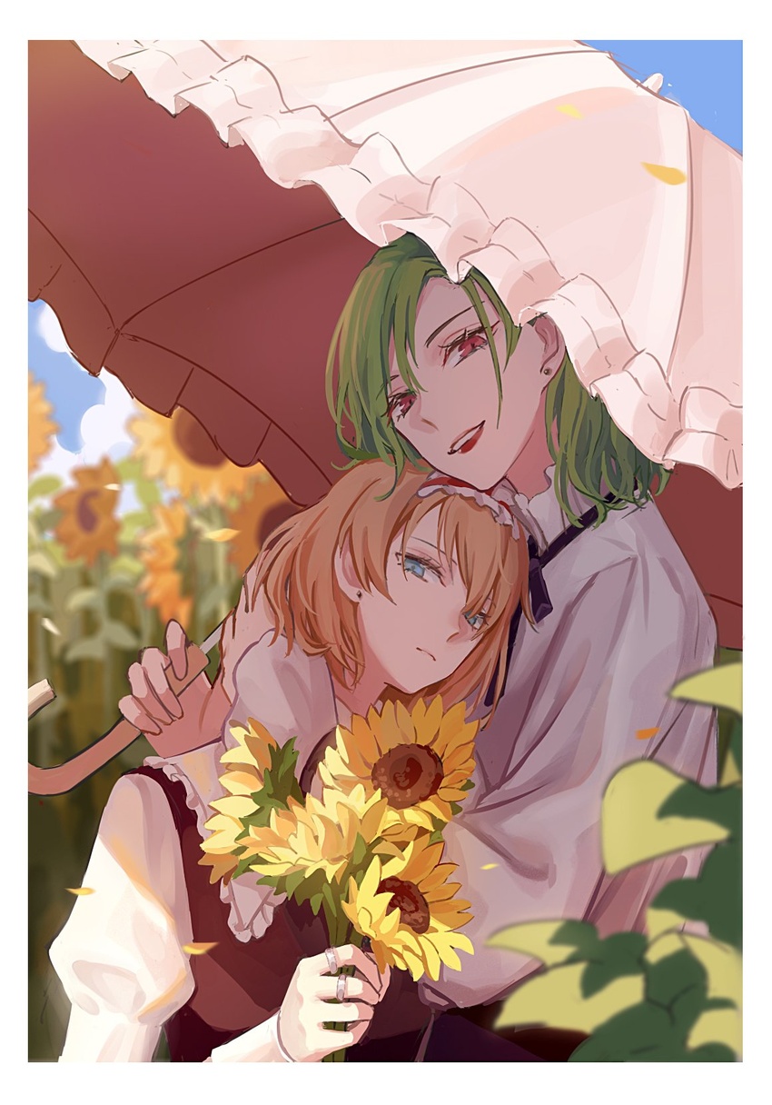 2girls alice_margatroid black_ribbon blonde_hair blue_eyes commentary earrings expressionless flat_chest flower garden_of_the_sun green_hair hair_between_eyes head_rest highres holding holding_flower hug jewelry juliet_sleeves kazami_yuuka lips lipstick long_sleeves looking_at_viewer makeup multiple_girls neck_ribbon parasol petals puffy_sleeves red_eyes ribbon ring short_hair slms smile sunflower touhou umbrella