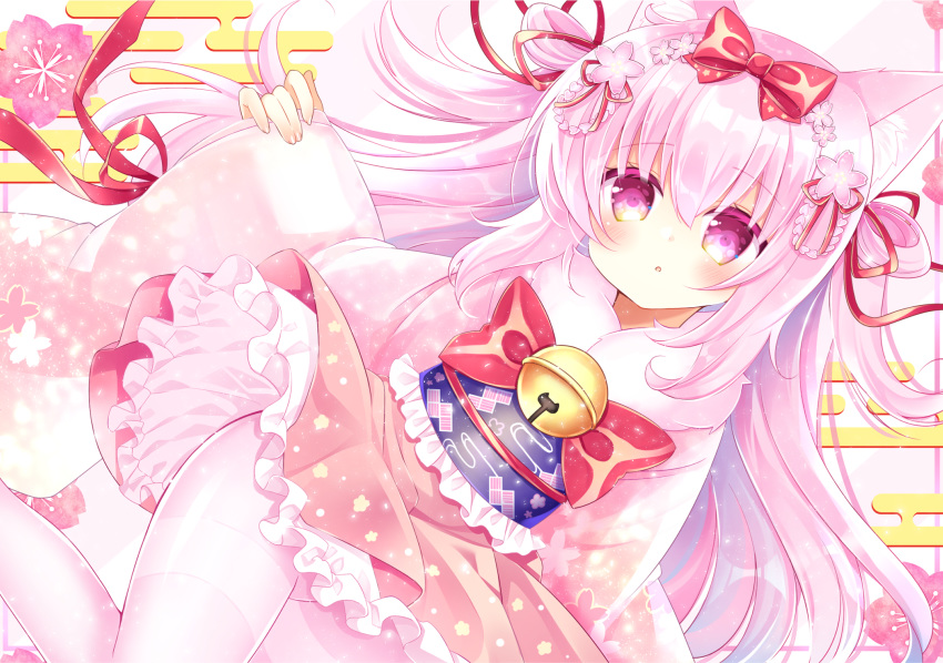 :o azur_lane bell blush bow colored_eyelashes commentary_request diagonal_stripes dutch_angle egasumi female floral_print flower frilled_kimono frills groin hair_between_eyes hair_flower hair_ornament hairbow highres japanese_clothes jingle_bell kimono kisaragi_(azur_lane) kisaragi_(new_year's_wish)_(azur_lane) long_hair long_sleeves looking_at_viewer obi pantyhose parted_lips pinching_sleeves pink_flower pink_hair pink_kimono print_kimono purple_eyes red_bow sash shikito_(yawa0w0) sleeves_past_wrists solo striped striped_background thighband_pantyhose very_long_hair white_pantyhose wide_sleeves