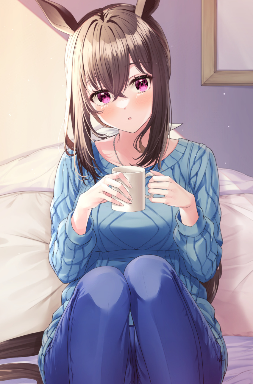 :o admire_vega_(umamusume) animal_ears blue_sweater blush breasts brown_hair casual crossed_bangs cup denim female highres holding holding_cup horse_ears horse_girl indoors jeans jewelry knees_up large_breasts light_particles long_hair long_sleeves looking_at_viewer mug necklace pants primamiya purple_eyes ribbed_sweater sitting solo sweater umamusume