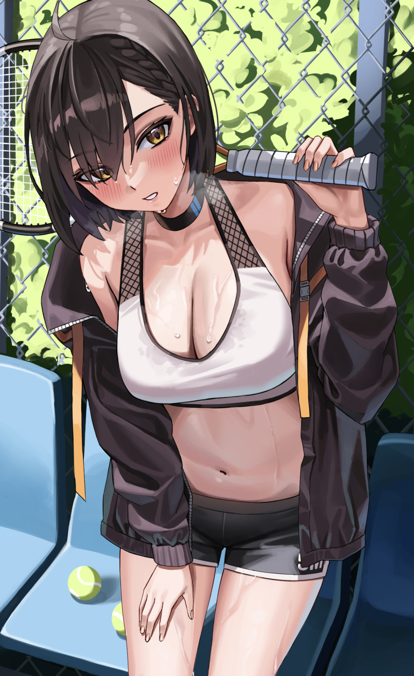 azur_lane bad_id bad_twitter_id baltimore_(azur_lane) baltimore_(black_ace)_(azur_lane) bare_shoulders black_jacket black_shorts blush braid breasts brown_hair choker cleavage collarbone female highres jacket large_breasts long_sleeves looking_at_viewer navel official_alternate_costume shocho short_hair short_shorts shorts side_braid smile solo sports_bra sweat white_sports_bra