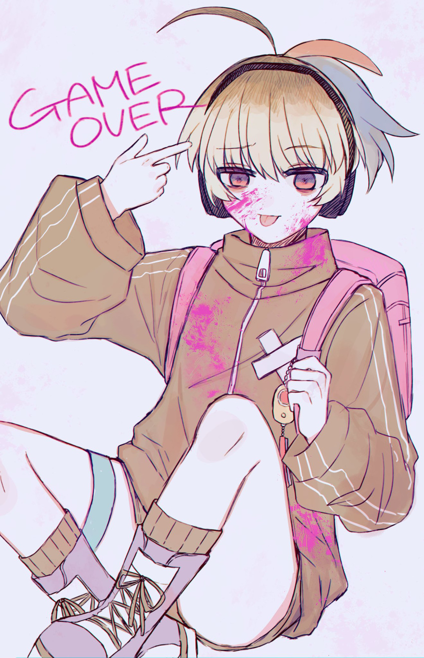 1boy backpack bag bakara_(19083210) blonde_hair blood blue_hair brown_hair brown_jacket brown_shorts finger_gun finger_gun_to_head game_over headphones highres jacket long_sleeves male_focus multicolored_hair ookami_game_(studio_wasabi) pink_bag pink_blood red_eyes red_hair rurikawa_yuuto shorts solo thigh_strap tongue tongue_out