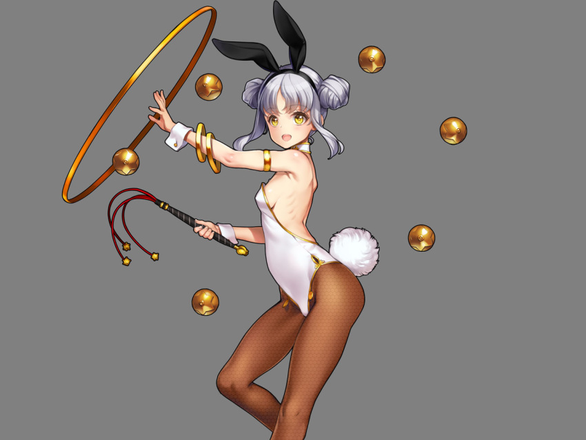 animal_ears armlet bangle bare_back bare_shoulders blush bracelet breasts cat_o'_nine_tails commentary_request detached_collar double_bun eiyuu_senki eiyuu_senki_ww fake_animal_ears fake_tail feet_out_of_frame female floating floating_object grey_hair hair_bun hairband jewelry jiang_ziya_(eiyuu_senki) leotard long_hair medium_breasts open_mouth oyari_ashito pantyhose playboy_bunny rabbit_ears rabbit_tail ring sideboob sidelocks simple_background skindentation smile solo strapless strapless_leotard tail whip white_leotard wrist_cuffs yellow_eyes