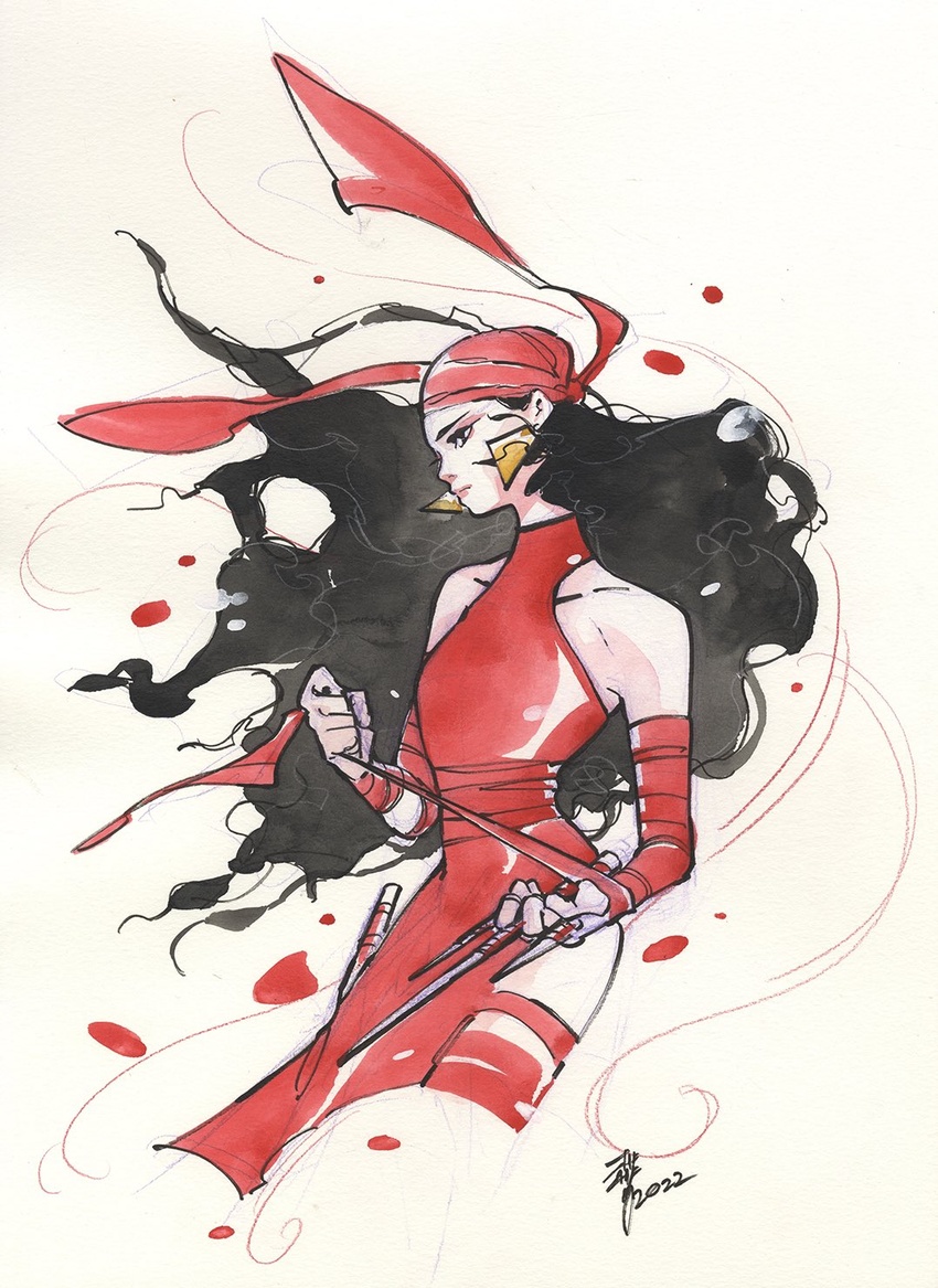 bandana bare_shoulders black_hair bridal_gauntlets dress earrings elektra elektra_natchios eyelashes female fighting_stance headband highres jewelry marvel messy_hair painting_(medium) peach_momoko pelvic_curtain red_bandana red_dress red_headband red_legwear sai_(weapon) sleeveless solo thigh_strap traditional_media triangle_earrings watercolor_(medium)