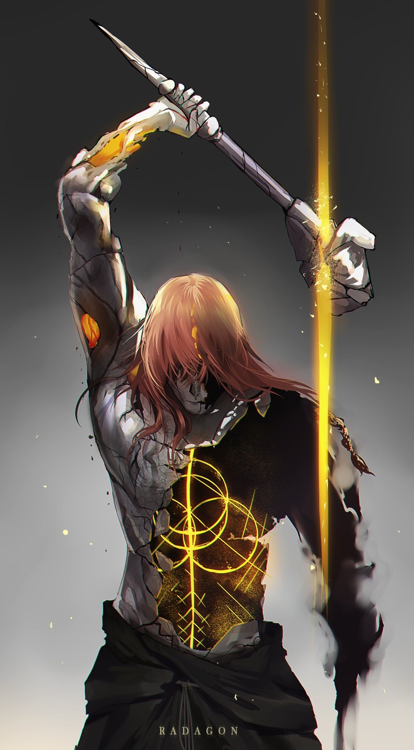 1boy arm_above_head character_name colored_skin cracked_skin elden_ring elden_ring_(object) grey_skin hammer hand_up highres holding holding_hammer holding_weapon hole_in_chest hole_on_body incoming_attack long_hair male_focus radagon_of_the_golden_order red_hair solo spoilers therrao waist_cape weapon