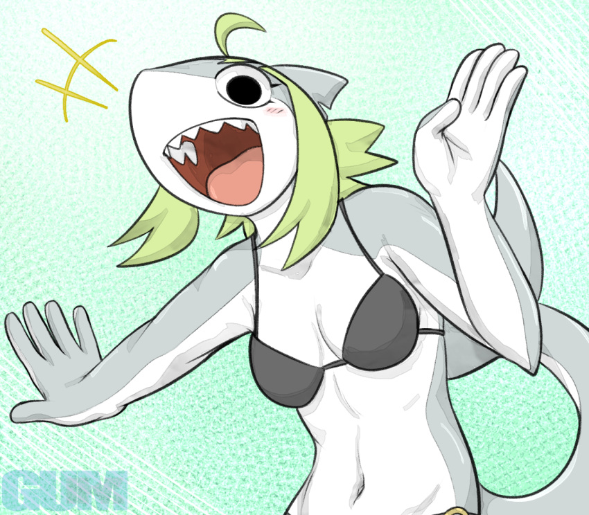 2023 5_fingers anthro bikini bikini_top black_bikini black_bikini_top black_clothing black_eyes black_swimwear blush blush_lines breasts cleavage clothed clothing eyelashes female fin fingers fish gesture green_hair grey_body grey_skin gum-k hair looking_at_viewer marine multicolored_body navel non-mammal_breasts notched_fin open_mouth open_smile roji_(cat_pepper) shark sharp_teeth simple_background smile solo swimwear tail teeth tongue topwear two_tone_body underwear waving white_body white_skin