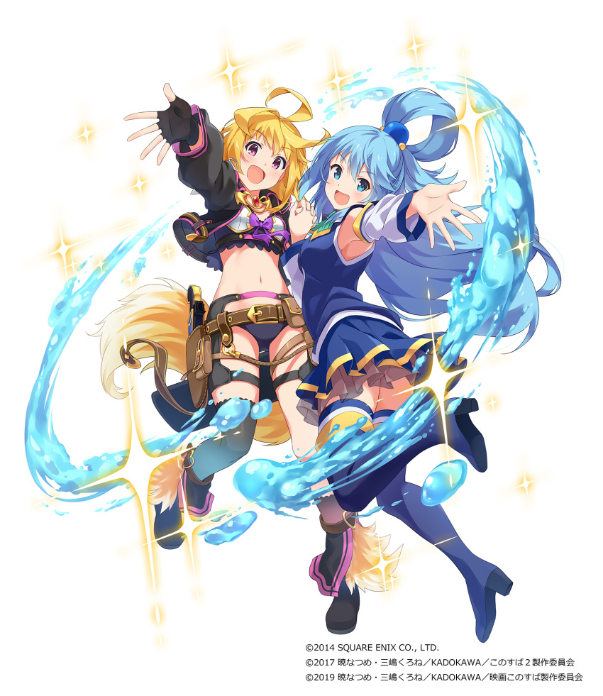 2girls ahoge aqua_(konosuba) ass black_footwear black_gloves blonde_hair blue_eyes blue_footwear blue_hair blue_skirt boots company_name crop_top detached_sleeves fingerless_gloves gloves high_heel_boots high_heels highres kai-ri-sei_million_arthur kono_subarashii_sekai_ni_shukufuku_wo! long_hair million_arthur_(series) multiple_girls narumi_nanami pleated_skirt purple_eyes short_hair simple_background single_hair_ring skirt thigh_boots touzoku_arthur white_background