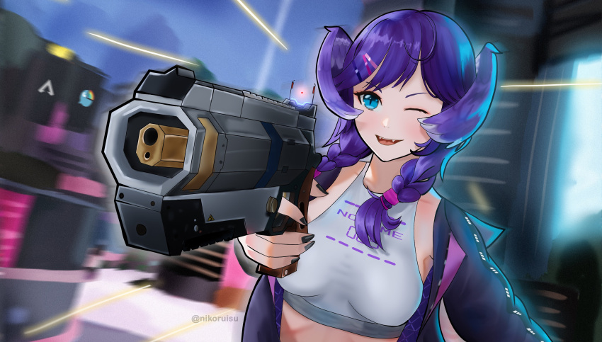 absurdres aiming apex_legends b3_wingman black_jacket black_nails blue_eyes braid breasts commentary english_commentary fangs female gun hair_ornament hairclip halterneck head_wings highres holding holding_gun holding_weapon jacket medium_breasts medium_hair nijisanji nijisanji_en nikoruisu one_eye_closed open_mouth purple_hair revolver selen_tatsuki smile solo twin_braids virtual_youtuber weapon wings