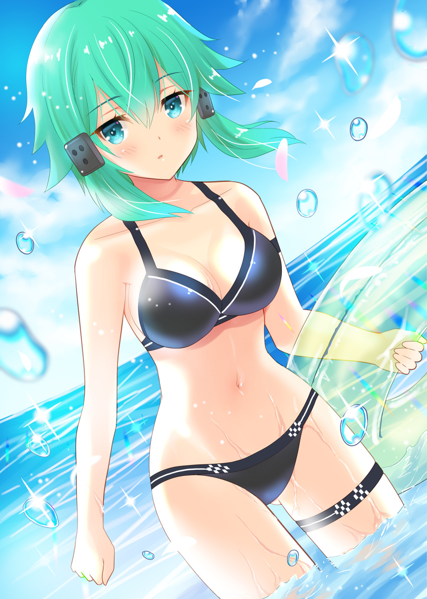 aqua_eyes aqua_hair bikini black_bikini blue_sky breasts cleavage cloud commentary_request day dutch_angle female hair_ornament hairclip highres holding holding_swim_ring horizon innertube looking_at_viewer medium_breasts navel ocean outdoors short_hair sinon sky solo standing swim_ring swimsuit sword_art_online uonuma_yuu wading water