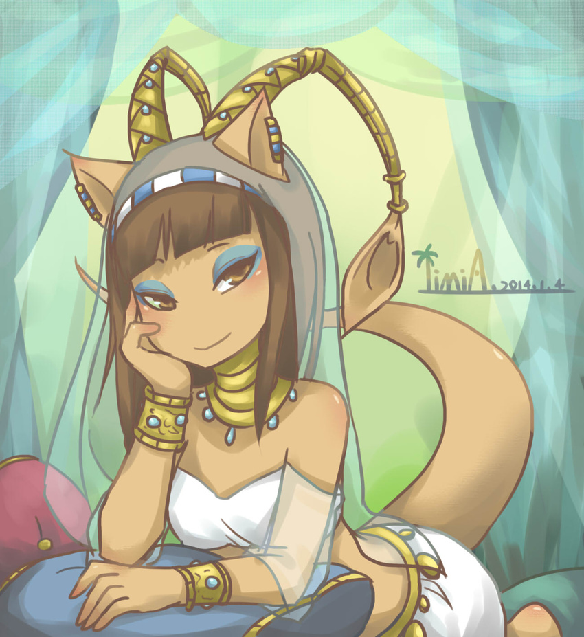 2014 aisha_(neopets) animal_ears blunt_bangs bracelet breasts brown_eyes brown_hair closed_mouth commentary desert_neopet earrings english_commentary eyeshadow female highres iimia jewelry long_hair looking_at_viewer makeup neopets pillow princess_amira shadow signature small_breasts smile tail