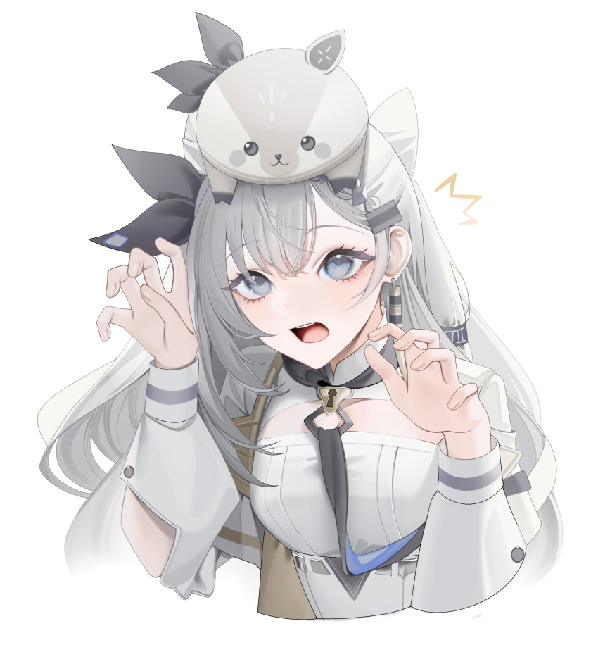 absurdres breasts earrings female grey_eyes grey_hair hair_ribbon highres hololive hololive_indonesia jewelry kashiko_(kshiko1) lock long_hair open_mouth ribbon simple_background small_breasts solo teeth upper_body vestia_zeta vestia_zeta_(1st_costume) virtual_youtuber white_background