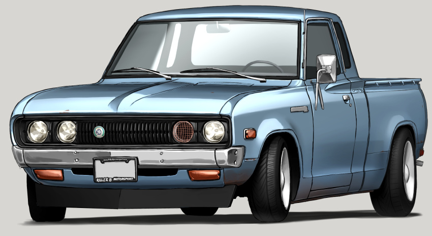 car datsun datsun_620 grey_background headlight highres makino_momiji_(artist) motor_vehicle no_humans original pickup_truck shadow solo truck vehicle_focus wheel