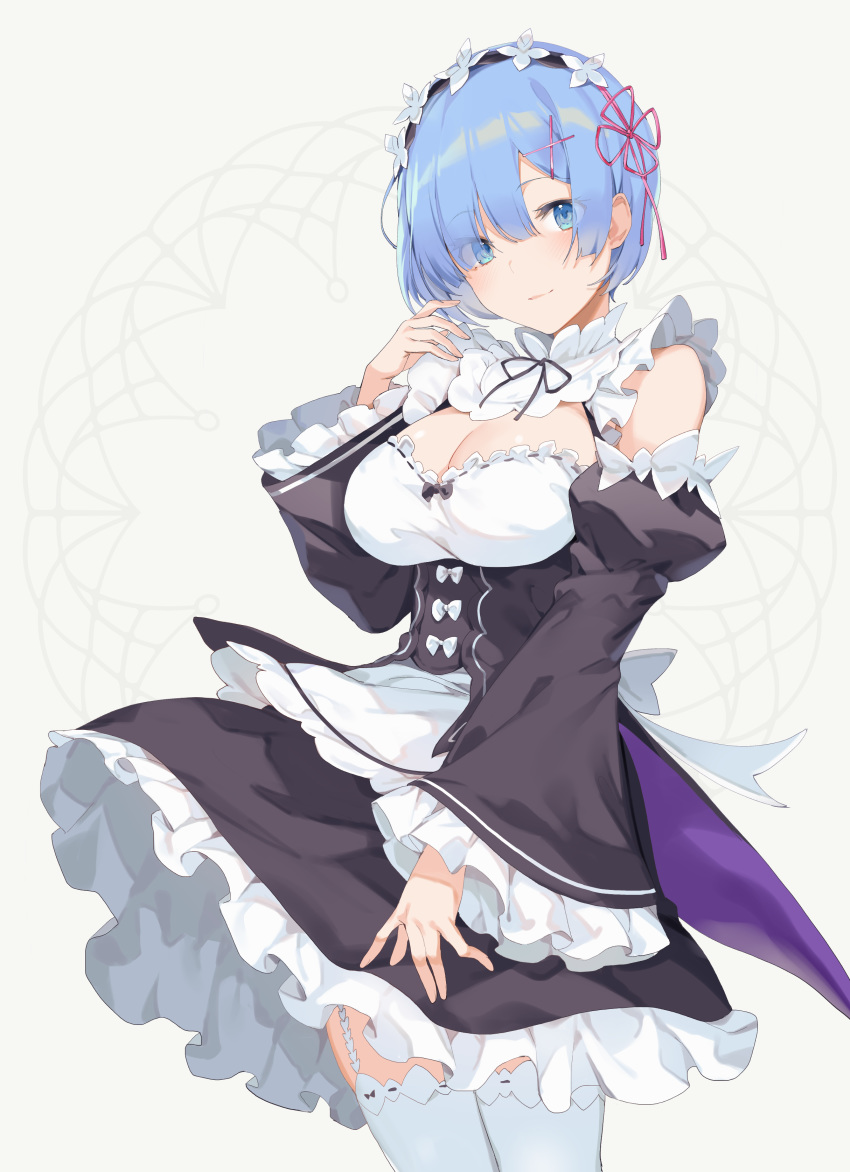 cleavage ikomochi maid possible_duplicate re_zero_kara_hajimeru_isekai_seikatsu rem_(re_zero) skirt_lift stockings thighhighs