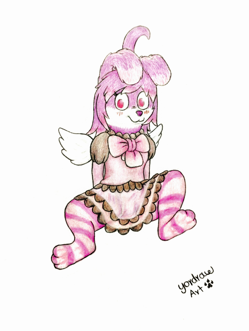 absurd_res anthro bottomwear bottomwear_down clothing female hi_res lagomorph leporid mammal paws paws_in_socks rabbit shy skirt skirt_down smile solo spread_legs spreading wings yordraw