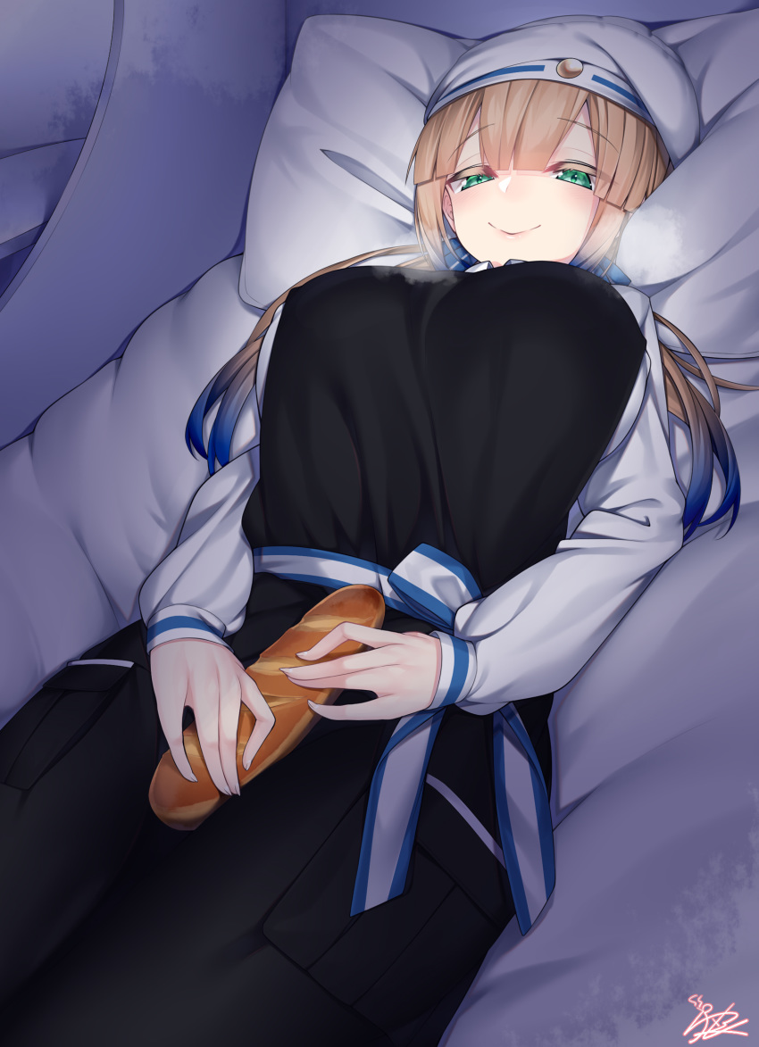 aged_up apron baguette baker_nemo_(fate) black_apron blonde_hair blue_hair blush bread breasts breath dark_room eyelashes fate/grand_order fate_(series) female food gradient_hair green_eyes highres large_breasts lips long_sleeves looking_at_viewer lying multicolored_hair nemo_(fate) on_back on_bed pillow sexually_suggestive signature smile solo two-tone_hair watosu