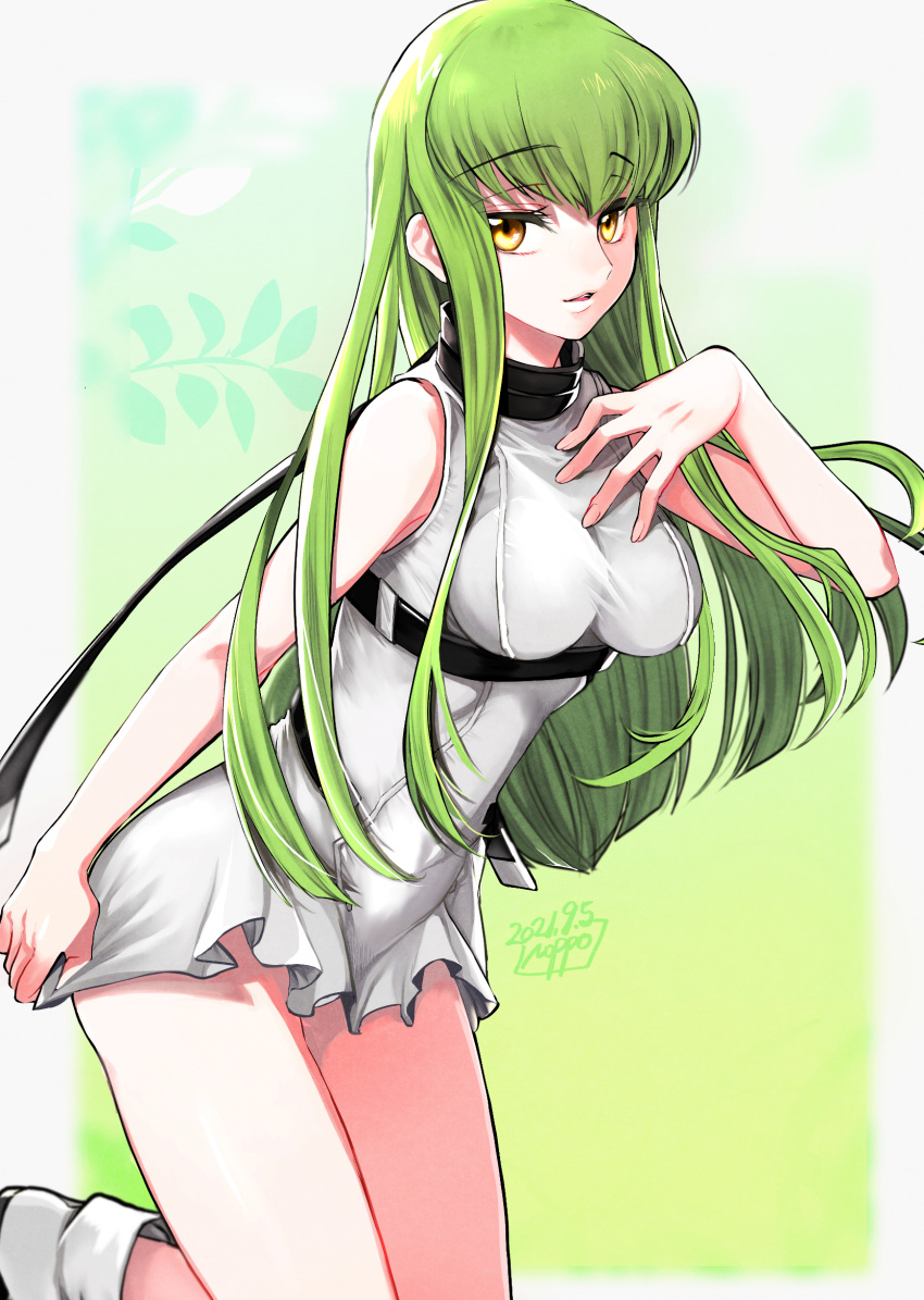 :d bare_shoulders breasts c.c. code_geass dress female green_hair highres long_hair looking_at_viewer noppo open_mouth sleeveless sleeveless_dress smile solo yellow_eyes