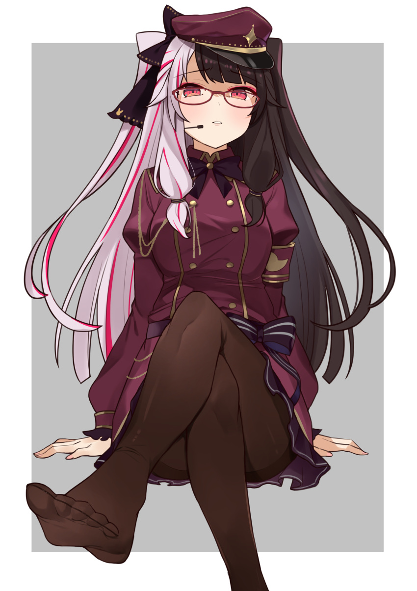 absurdres arm_support bespectacled black_bow black_hair black_pantyhose blush border bow breasts choco_tanuki crossed_legs feet female glasses grey_hair hairbow hat highres large_breasts long_hair long_sleeves looking_at_viewer multicolored_hair nijisanji no_shoes outside_border pantyhose parted_lips pink_eyes pink_hair sitting solo split-color_hair streaked_hair twintails two-tone_background virtual_youtuber white_border yorumi_rena yorumi_rena_(2nd_costume)