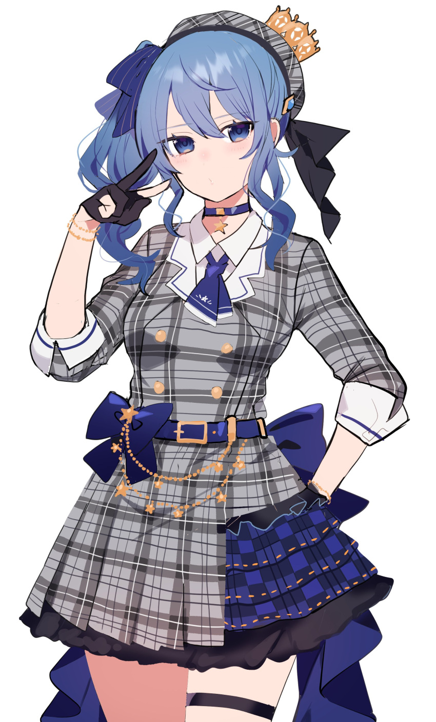 absurdres belt beret black_gloves blue_belt blue_bow blue_choker blue_eyes blue_hair bow breasts choker crown dress female gloves grey_dress grey_hat hat highres hololive hoshimachi_suisei hoshimachi_suisei_(1st_costume) long_hair partially_fingerless_gloves plaid plaid_dress plaid_headwear shirasu_uni small_breasts solo star_(symbol) star_in_eye symbol_in_eye thigh_strap v virtual_youtuber