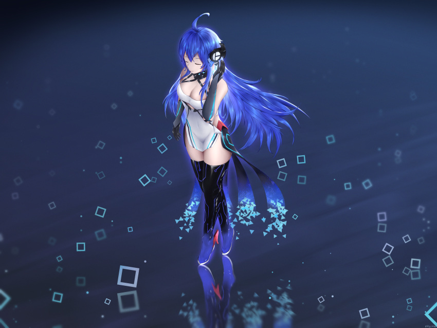 absurdres ahoge azur_lane bare_shoulders black_footwear black_gloves blue_hair boots breasts cleavage closed_eyes clothing_cutout dress female gloves headgear helena_(azur_lane) helena_(meta)_(azur_lane) highres kyl490 large_breasts long_hair pelvic_curtain reflection reflective_water side_cutout sleeveless sleeveless_dress solo thigh_boots thighhighs very_long_hair white_dress