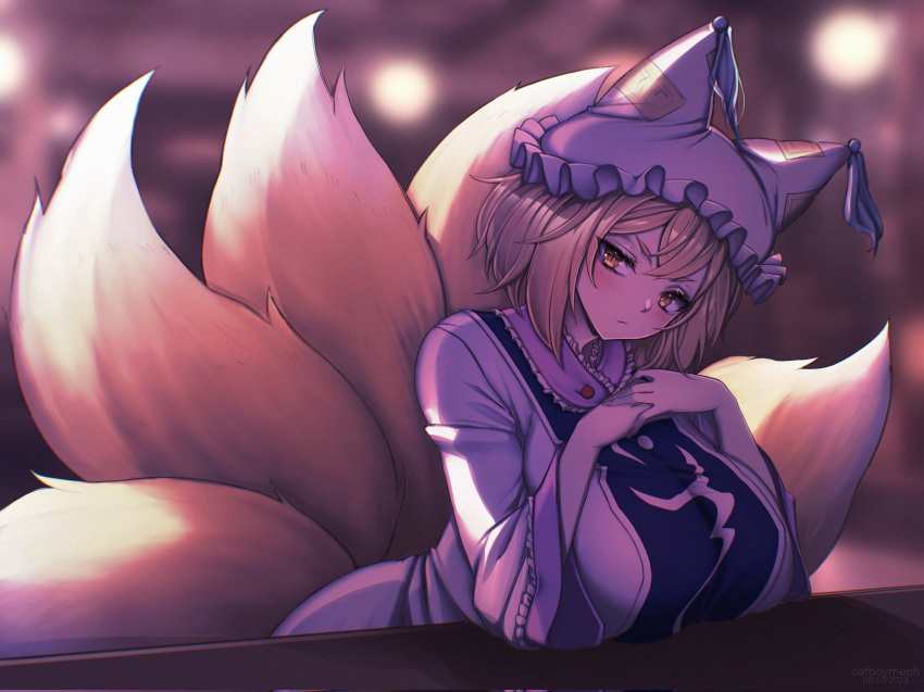 2023 5_tails animal_humanoid asian_mythology big_breasts blonde_hair blush blush_lines breasts cakecatboy canid canid_humanoid canine canine_humanoid clothing east_asian_mythology female fox_humanoid frown hair headgear headwear hi_res huge_breasts humanoid japanese_mythology light lighting mammal mammal_humanoid multi_tail mythology ran_yakumo signature solo tail text touhou yellow_eyes yokai