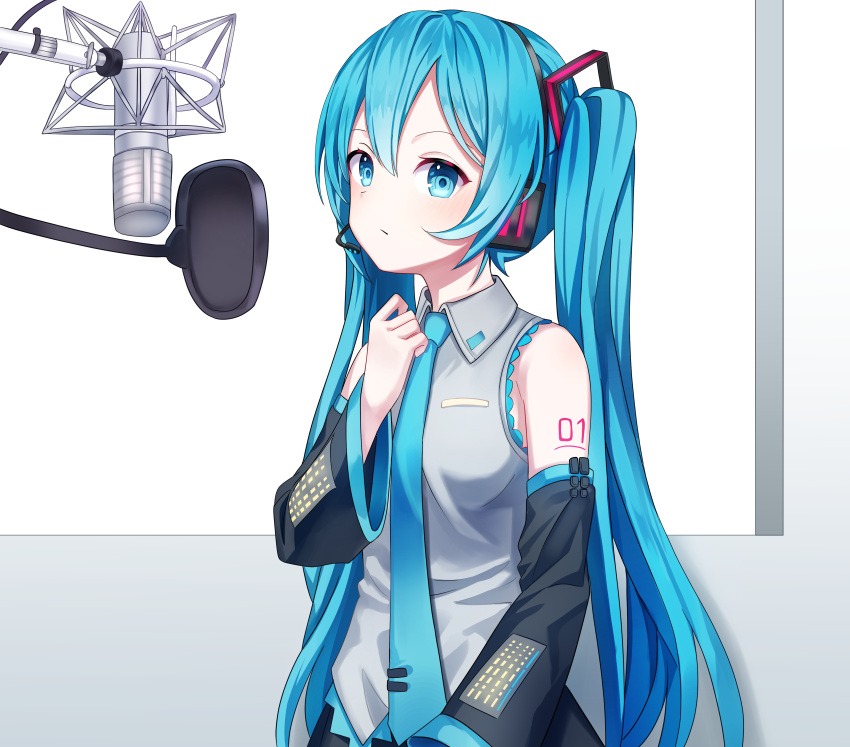 absurdres arm_tattoo black_sleeves blue_eyes blue_hair blue_necktie closed_mouth collared_shirt commentary detached_sleeves female grey_shirt hair_between_eyes hatsune_miku headphones headset highres ille_(xcpa7325) long_hair long_sleeves microphone necktie pop_filter recording_studio shirt sleeveless sleeveless_shirt solo tattoo twintails upper_body very_long_hair vocaloid wing_collar