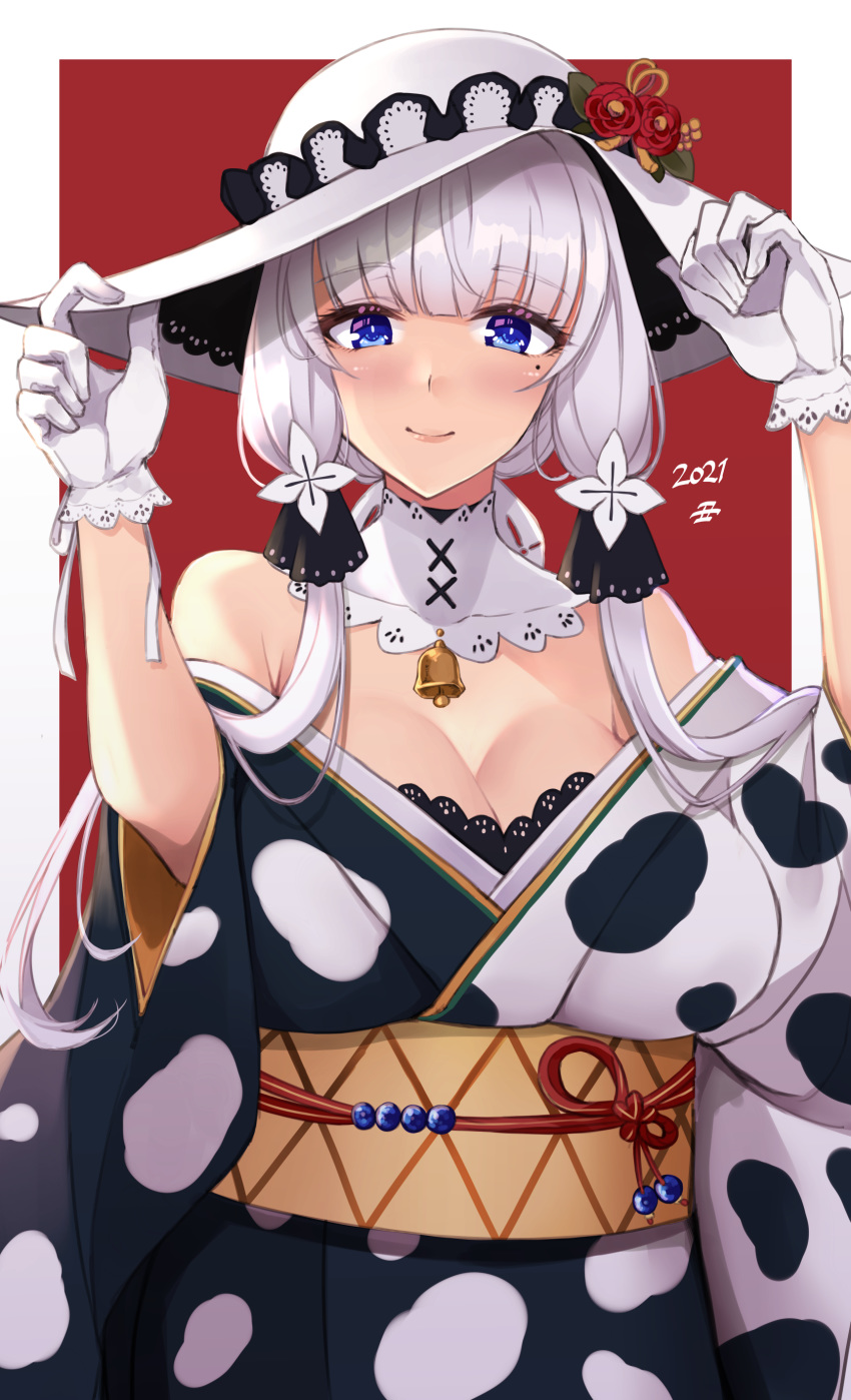 absurdres alternate_costume azur_lane bare_shoulders bell black_bra blue_eyes blush bra breasts cleavage closed_mouth commentary_request detached_collar female gloves hat highres holding holding_clothes holding_hat illustrious_(azur_lane) japanese_clothes kimono lace-trimmed_headwear lace_trim large_breasts looking_at_viewer mole mole_under_eye obi off_shoulder sash smile standing sun_hat tri_tails underwear wee_(weeyy) white_gloves white_hair white_headwear wide_sleeves