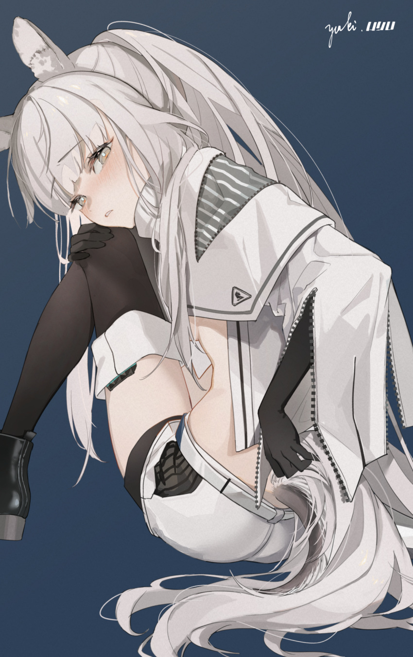 animal_ear_fluff animal_ears arknights belt black_footwear black_gloves black_thighhighs blue_background boots breasts brown_eyes commentary_request elbow_gloves female from_behind gloves hand_on_own_knee head_on_knee highres horse_ears horse_girl horse_tail kingdom_of_kazimierz_logo knee_up looking_at_viewer looking_back parted_lips platinum_(arknights) shorts simple_background small_breasts solo tail thighhighs white_belt white_hair white_shorts yuuki_uyu