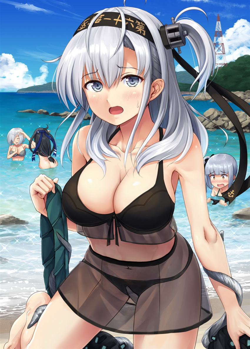 4girls abyssal_ship alternate_costume anchor_symbol ass bare_shoulders beach bikini black_bikini black_hair blue_eyes blue_ribbon blue_sky blush bottomless breasts brown_eyes clothes_writing collarbone cowboy_shot day enemy_naval_mine_(kancolle) grey_hair hachimaki hair_between_eyes hair_ornament hair_ribbon hairclip hamakaze_(kancolle) hatsushimo_(kancolle) hatsushimo_kai_ni_(kancolle) headband highres holding ichikawa_feesu kantai_collection kasumi_(kancolle) kasumi_kai_ni_(swimsuit_mode)_(kancolle) large_breasts long_hair looking_at_viewer low-tied_long_hair mountain multiple_girls navel ocean one_side_up open_mouth outdoors pointing ribbon rock short_hair side_ponytail sidelocks sky smile stomach suzutsuki_(kancolle) suzutsuki_(swimsuit_mode)_(kancolle) swimsuit unworn_bikini_bottom very_long_hair