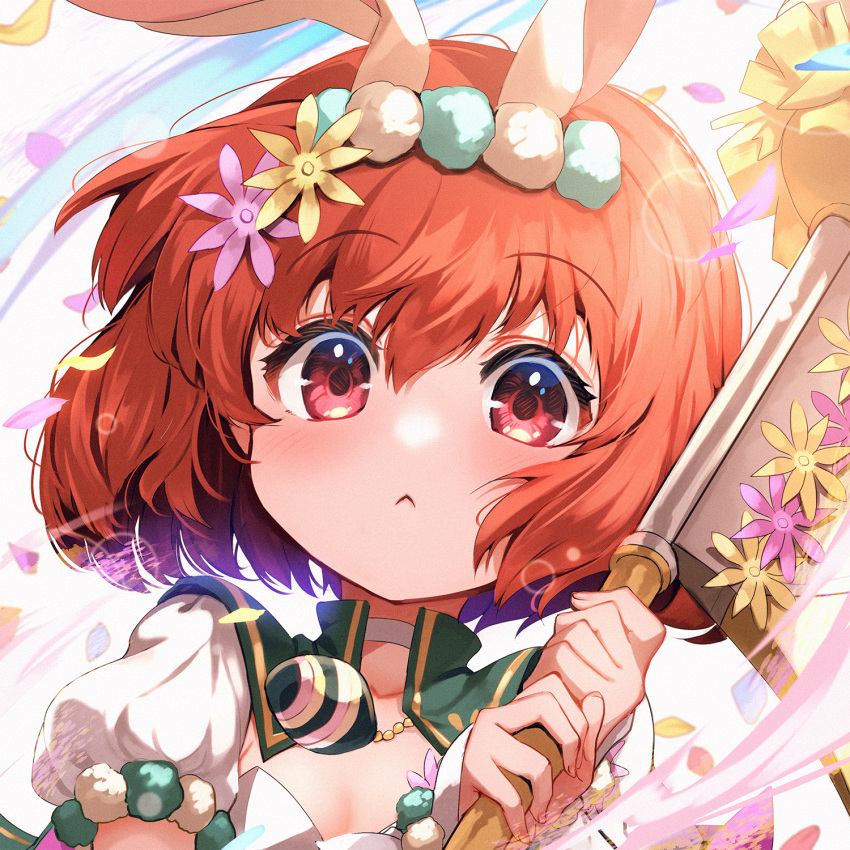 alternate_costume animal_ears axe blush bright_pupils close-up closed_mouth fake_animal_ears female fire_emblem fire_emblem:_mystery_of_the_emblem fire_emblem_heroes flower hair_between_eyes hair_flower hair_ornament highres holding holding_axe holding_weapon light_rays looking_at_viewer maria_(fire_emblem) maria_(spring)_(fire_emblem) nakabayashi_zun official_alternate_costume portrait puffy_short_sleeves puffy_sleeves rabbit_ears red_eyes red_hair shiny short_hair short_sleeves simple_background solo weapon