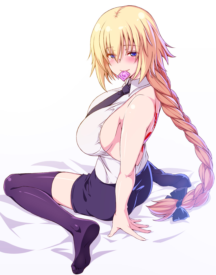 846-gou absurdres back_tattoo backless_outfit bare_shoulders blonde_hair blue_eyes blue_skirt blue_thighhighs blush bow braid braided_ponytail breasts commentary_request condom condom_wrapper fate/apocrypha fate_(series) female hairbow highres jeanne_d'arc_(fate) jeanne_d'arc_(girl_from_orleans)_(fate) large_breasts long_hair looking_at_viewer miniskirt mouth_hold necktie shirt sideboob sitting skirt sleeveless smile solo tattoo thighhighs very_long_hair wariza white_shirt