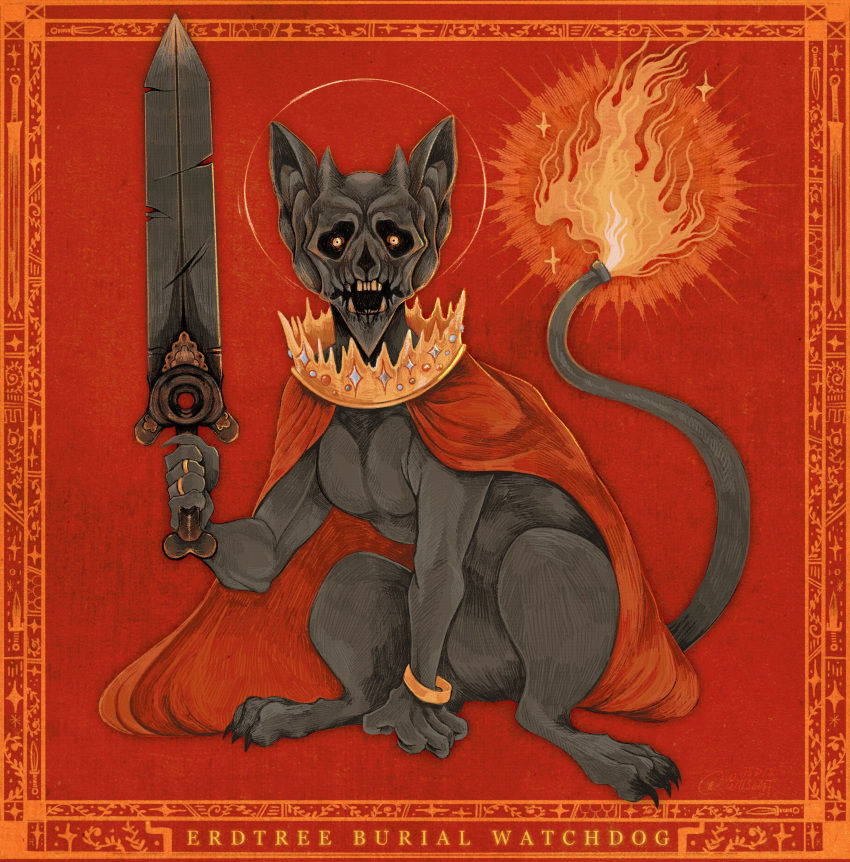 absurdres cape character_name crown elden_ring erdtree_burial_watchdog flame-tipped_tail halo highres holding holding_sword holding_weapon jewelry looking_at_viewer monster no_humans red_background red_cape red_theme ring solo sunken_eyes sword weapon wusdiswusdat