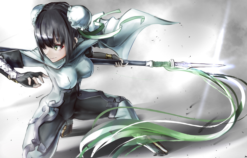 abs absurdres arm_guards black_hair bodysuit breasts bun_cover cape chinese_clothes double_bun fate/grand_order fate_(series) female fingerless_gloves gloves green_eyes green_ribbons hair_bun highres medium_breasts nakasaku-p polearm qin_liangyu_(fate) ribbon sidelocks skin_tight solo spear thighs toned weapon white_bodysuit white_cape