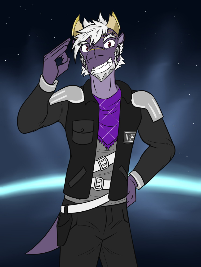 3:4 anthro clothed clothing cosmic_background dragon fully_clothed fuze gesture grin hi_res male mythological_creature mythological_scalie mythology salute scalie shou_ronpo smile solo space space_background tail uchu_sentai_kyuranger