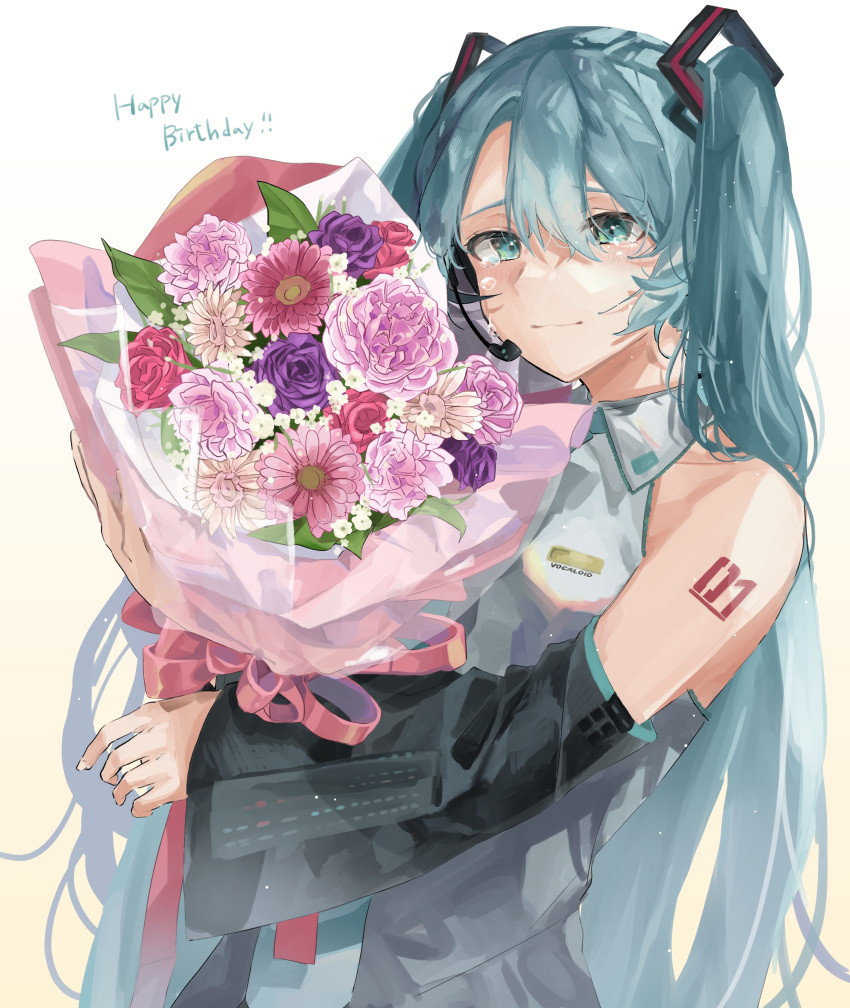 absurdres aqua_eyes aqua_hair aqua_necktie baby's-breath bad_id bad_pixiv_id bare_shoulders black_sleeves bouquet cc_rock commentary detached_sleeves female flower furrowed_brow gerbera grey_shirt hair_ornament happy_birthday happy_tears hatsune_miku headphones headset highres holding holding_bouquet light_smile long_hair looking_at_viewer necktie pink_flower purple_flower purple_rose red_flower red_rose rose shirt shoulder_tattoo sleeveless sleeveless_shirt solo tattoo tears twintails upper_body very_long_hair vocaloid white_flower