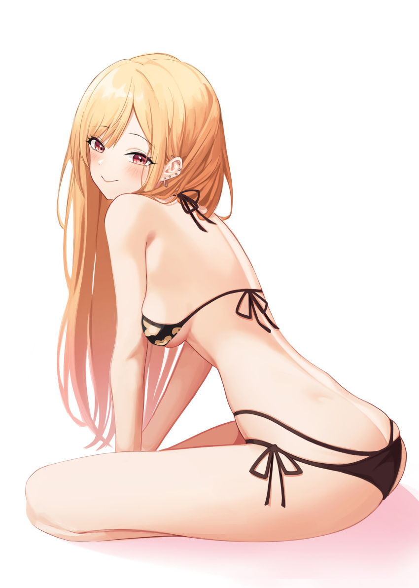 ass barbell_piercing bare_arms bare_legs bikini black_bikini blonde_hair blush breasts butt_crack closed_mouth commentary ear_piercing earrings female floral_print from_side full_body hair_between_eyes hair_over_shoulder halterneck highres industrial_piercing jewelry ju-ok kitagawa_marin leaning_forward long_hair looking_at_viewer medium_breasts multi-strapped_bikini_bottom piercing print_bikini red_eyes side-tie_bikini_bottom sideboob simple_background sitting smile solo sono_bisque_doll_wa_koi_wo_suru straight_hair string_bikini swimsuit underboob very_long_hair white_background