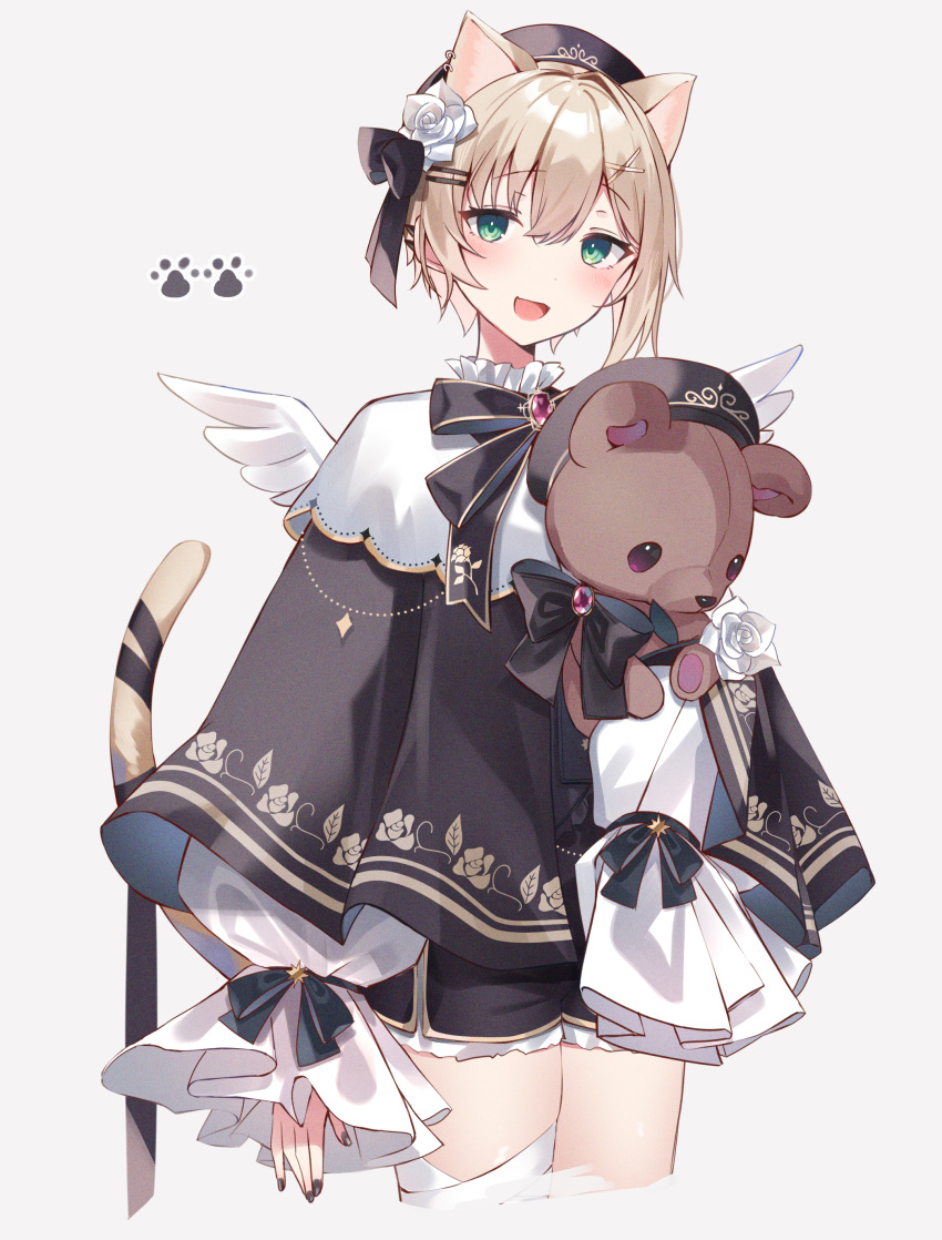 :d absurdres animal_ears bad_id bad_pixiv_id bandaged_leg bandages beret black_capelet black_hat black_nails black_shorts blush brown_hair capelet cat_ears cat_girl cat_tail commentary_request cropped_legs feathered_wings female flower green_eyes grey_background hair_between_eyes hair_flower hair_ornament hairclip hat highres hikari_yui iris_black_games kurumi_noah long_sleeves looking_at_viewer nail_polish puffy_long_sleeves puffy_sleeves rose shirt short_hair short_shorts shorts simple_background sleeves_past_wrists smile solo standing stuffed_animal stuffed_toy tail teddy_bear virtual_youtuber vspo! white_flower white_rose white_shirt white_wings wings x_hair_ornament