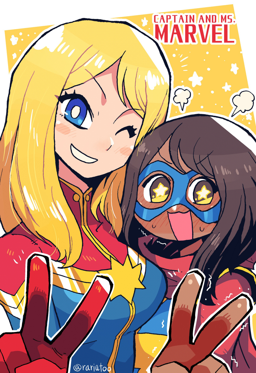 2girls absurdres animification blonde_hair blue_eyes blush breasts bright_pupils brown_hair captain_marvel carol_danvers character_name commentary dark-skinned_female dark_skin domino_mask english_commentary eye_mask gloves highres jaggy_lines kamala_khan marvel marvel_cinematic_universe mask medium_breasts mixed-language_commentary ms._marvel ms._marvel_(disney+) multiple_girls one_eye_closed rariatto_(ganguri) red_gloves red_scarf scarf smile star_(symbol) star_in_eye superhero_costume symbol_in_eye twitter_username v v-shaped_eyebrows white_pupils