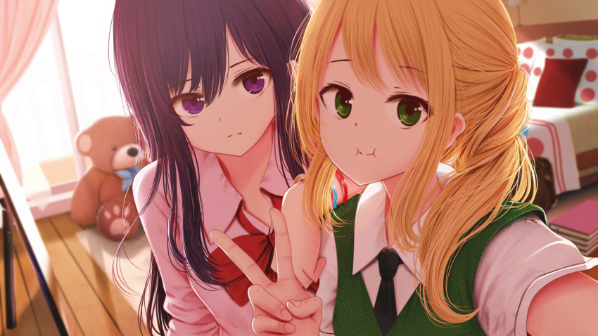 2girls aihara_academy_school_uniform aihara_mei aihara_yuzu bed black_hair black_necktie blonde_hair citrus_(saburouta) collared_shirt green_eyes green_vest highres kirimatsu long_hair multiple_girls necktie paw_print pillow pink_shirt purple_eyes school_uniform selfie shirt step-siblings stuffed_animal stuffed_toy teddy_bear v vest white_shirt