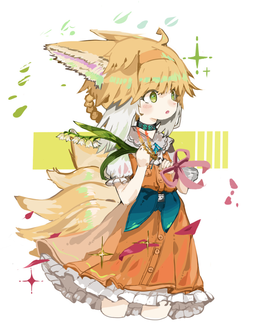 ahoge animal_ears arknights blonde_hair bouquet braid braided_hair_rings commentary cropped_legs dress female flower fox_ears fox_girl fox_tail frilled_dress frills green_eyes hair_rings hairband hands_up highres holding holding_bouquet holding_flower infection_monitor_(arknights) kitsune lily_of_the_valley looking_away multicolored_hair name_connection object_namesake official_alternate_costume orange_dress orange_hairband parted_lips puffy_short_sleeves puffy_sleeves ryu_(17569823) short_sleeves sleeveless sleeveless_dress solo suzuran_(arknights) suzuran_(let's_carnival!)_(arknights) symbol-only_commentary tail two-tone_hair white_background white_flower white_hair