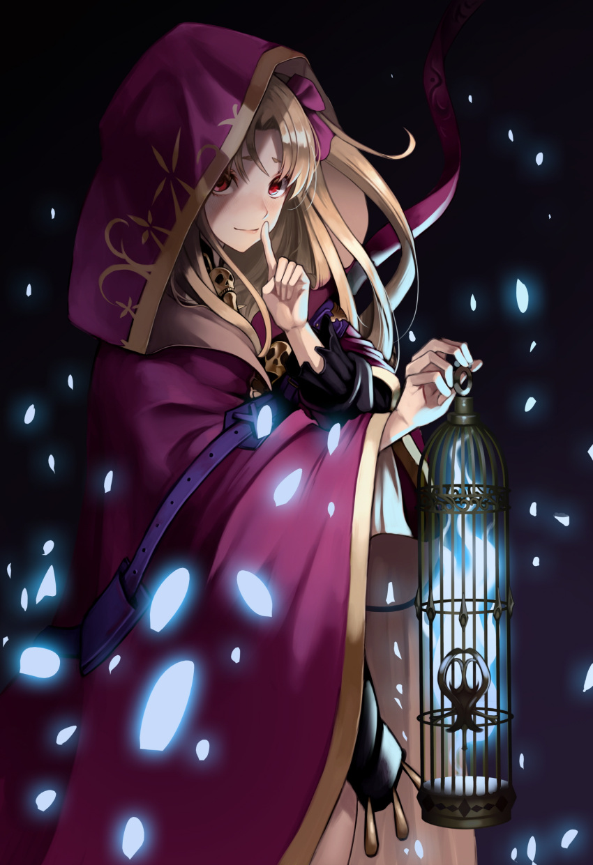 absurdres birdcage blonde_hair blue_fire bow cage cloak commentary cowboy_shot dark dark_background ereshkigal_(fate) falling_petals fate/grand_order fate_(series) female finger_to_mouth fire glowing glowing_petals hairbow haka_(djawnsgtlr) hands_up highres hitodama holding holding_cage hood hooded_cloak index_finger_raised light_blush light_smile looking_at_viewer looking_to_the_side meslamtaea_(weapon) petals red_cloak red_eyes shaded_face shushing skull_ornament solo spirit two-sided_cloak two-sided_fabric weapon weapon_on_back yellow_cloak