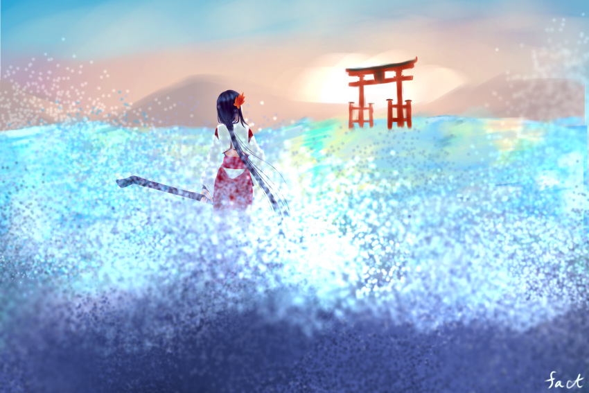 back_cutout beach black_hair clothing_cutout female hair_ornament hakama hakama_skirt highres holding itsukushima_no_tomonari_(tenka_hyakken) japanese_clothes leaf leaf_hair_ornament long_hair looking_afar low_ponytail maple_leaf miko red_hakama scenery shoulder_cutout signature skirt solo_focus splashing sunrise tatimori_tokage tenka_hyakken torii water_drop wide_sleeves