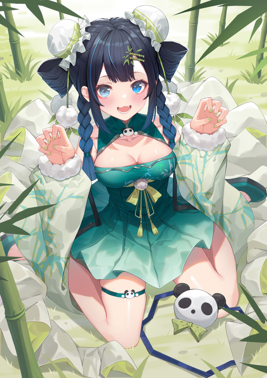 :d absurdres bamboo bamboo_hair_ornament bare_shoulders black_hair blue_eyes blue_hair blush braid breasts bun_cover china_dress chinese_clothes cleavage cleavage_cutout clothing_cutout covered_collarbone detached_sleeves dot_nose double_bun dress fangs female from_above girimi_(virtuareal) gradient_hair grass green_dress green_footwear green_nails hair_bun hair_ornament hair_tie highres hitokuchii kneeling long_bangs looking_at_viewer lower_teeth_only medium_breasts multicolored_hair nail_polish nature nijisanji open_mouth panda_brooch paw_pose pleated_dress pom_pom_(clothes) pom_pom_hair_ornament sidelocks skindentation smile solo streaked_hair teeth thigh_strap twin_braids virtual_youtuber virtuareal wide_sleeves