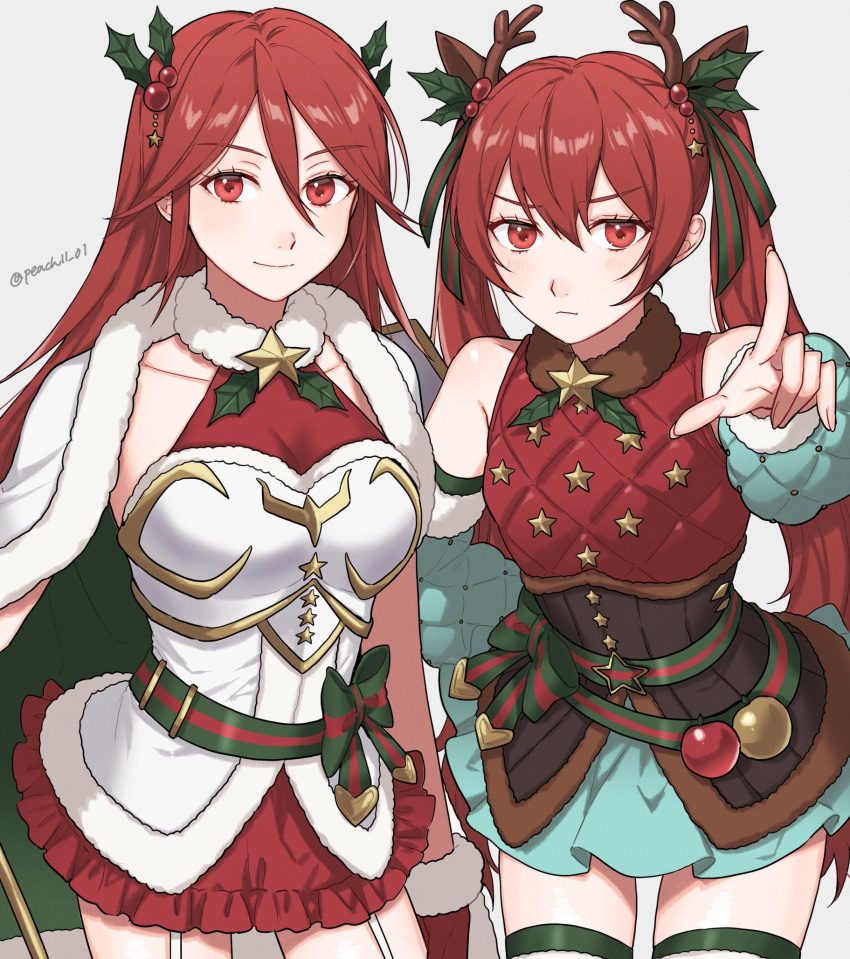 2girls antlers breasts cape christmas cleavage commentary cordelia_(fire_emblem) cordelia_(winter)_(fire_emblem) detached_sleeves dress fake_antlers fire_emblem fire_emblem_awakening fire_emblem_fates fire_emblem_heroes frilled_dress frills garter_straps gloves hair_ornament highres holly_hair_ornament horns long_hair looking_at_viewer mother_and_daughter multiple_girls official_alternate_costume peach11_01 pointing pointing_at_viewer red_dress red_eyes red_gloves red_hair reindeer_antlers selena_(fire_emblem_fates) selena_(winter)_(fire_emblem_fates) small_breasts smile symbol-only_commentary thighs twintails very_long_hair watermark white_cape